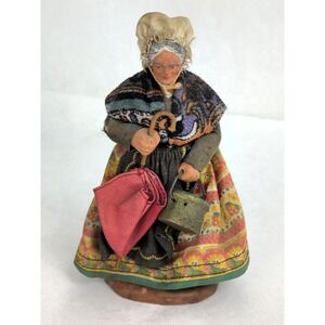 Vintage Terra Cotta Doll Old Woman with Umbrella And Pot